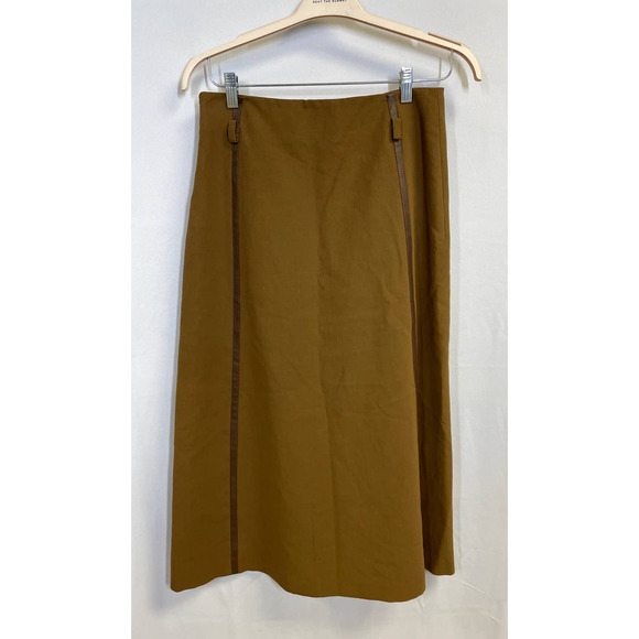MAX MARA High Rise A Line Midi Skirt with Faux Leather Trim Brown Size 8 - Picture 1 of 9